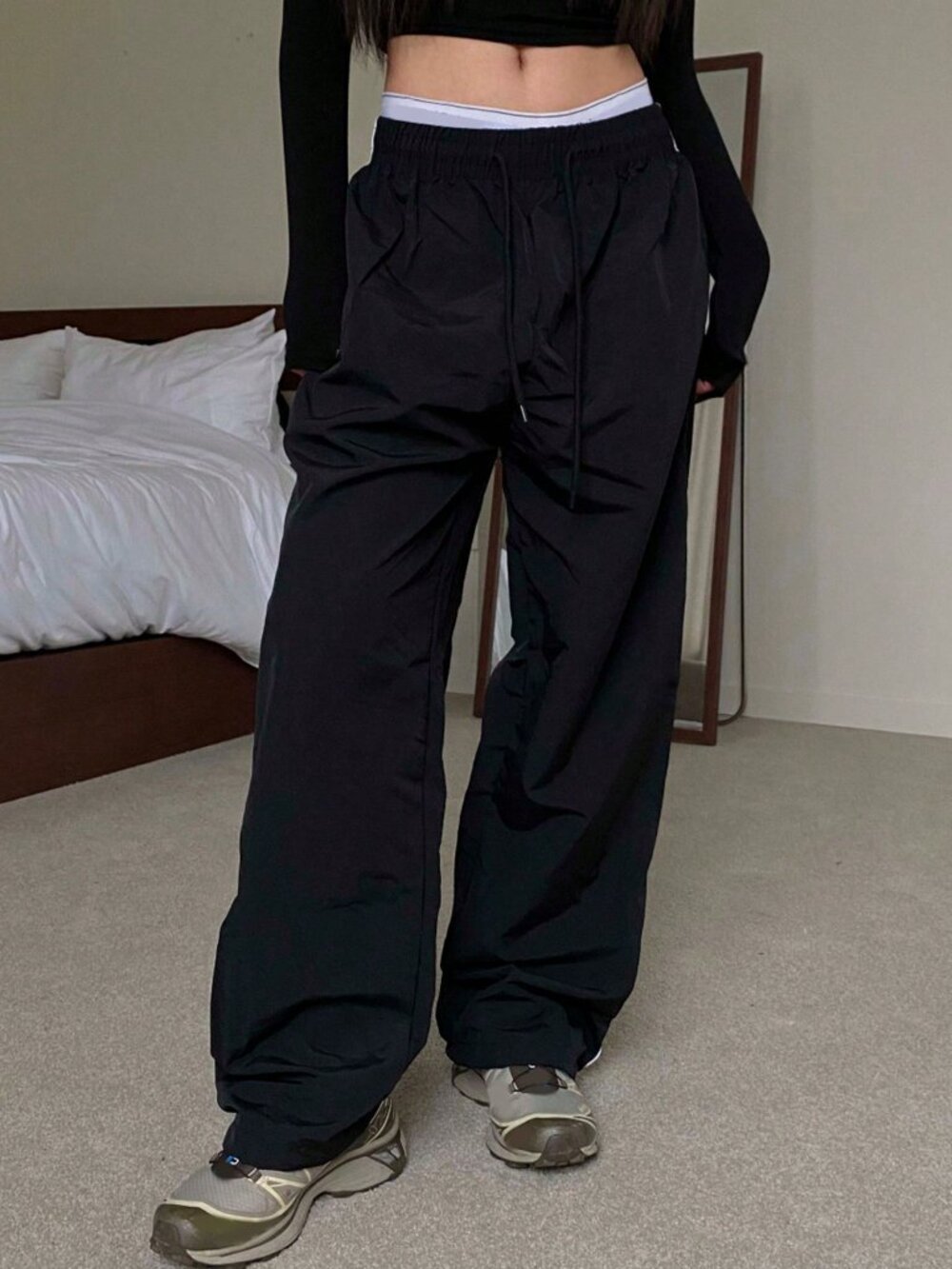 Black Casual Women's Loose Low Waist Baggy Long Pants - Picture 3 of 10